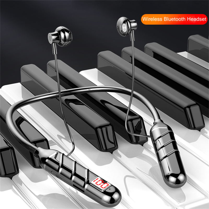 【FUPANG】Wireless Bluetooth 5.2 earphones neckband headphones LED display HiFi headset active noice bass handsfree earbuds-Black