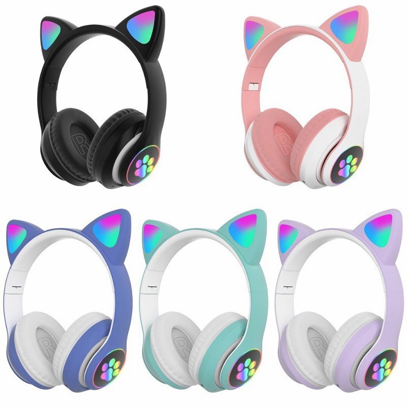 New S-28 Cat Ear Headworn Bluetooth Earphones with Sparkling Light 5.0 Wireless Sports and Leisure Card Folding