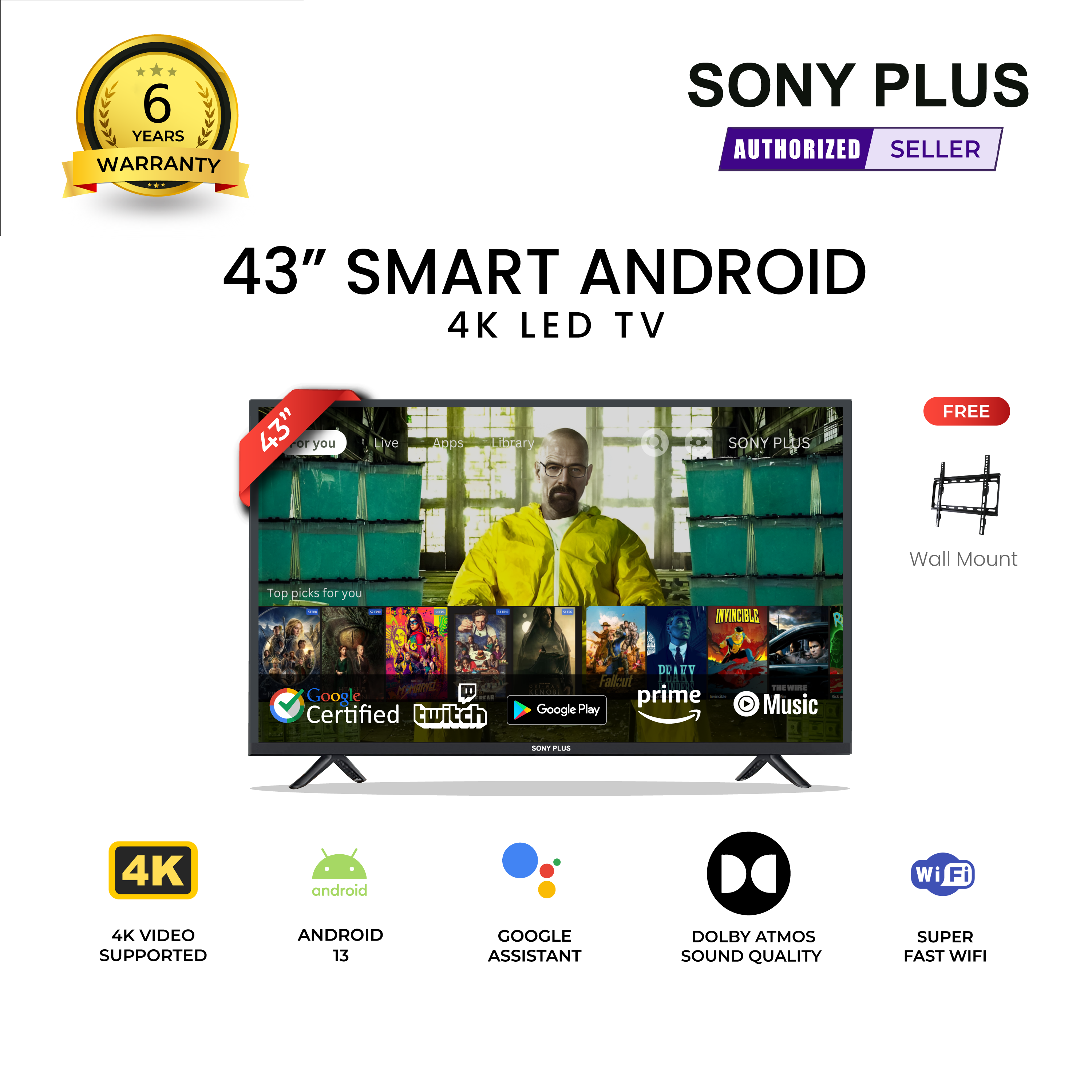 Sony Plus 43 inch Smart LED TV Wi-Fi Full HD 4K Supported Android Television