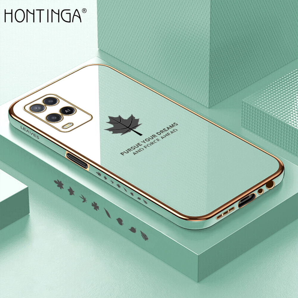 Hontinga for OPPO A54 / A54 2021 Case Luxury 6D Plating Maple Leaf Side Pattern Soft Back Cover Silicone Square Phone Cases