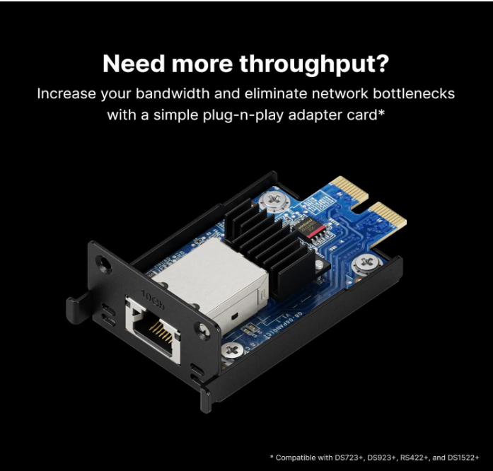 Synology Network Upgrade Module adds 1x 10GbE RJ-45 (E10G22-T1-Mini). 
