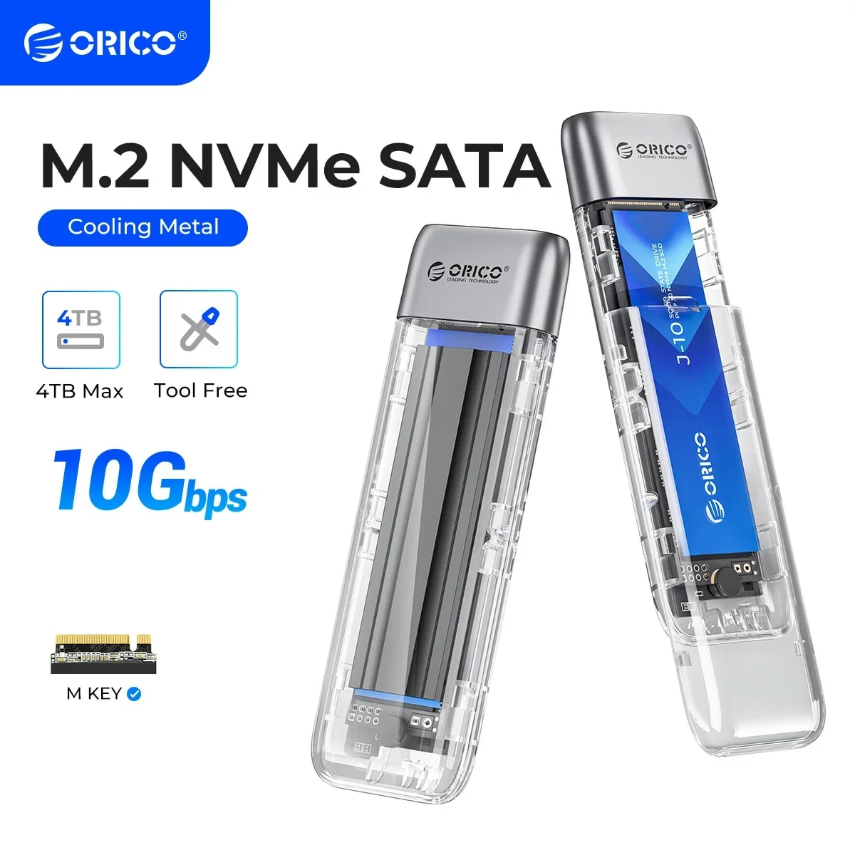 ORICO M.2 SSD Case NVME SATA SSD Enclosure Tool Free 10Gbps M.2 to USB Type C Transparent External Adapter Portable. 