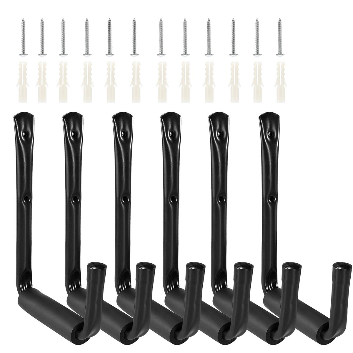 Heavy Duty Garage Hooks Storage Utility Hooks Wall Mounted Kayak Hooks Hangers Organizer with Screws and Wall Anchors (6Pcs Black Small J Hook)