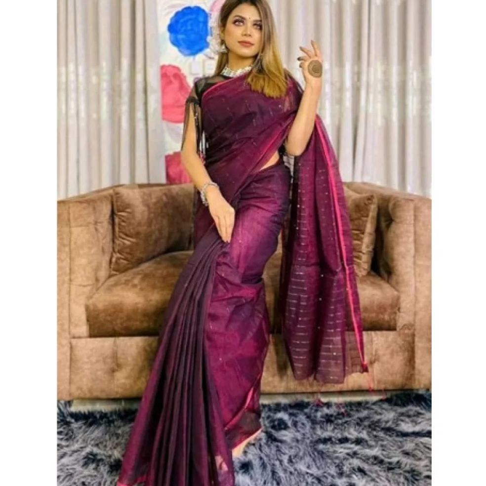 Elegance Redefined-Trendy Collection Tangail Tant Half Silk One Color Chumki Saree -Suitable for Every Season