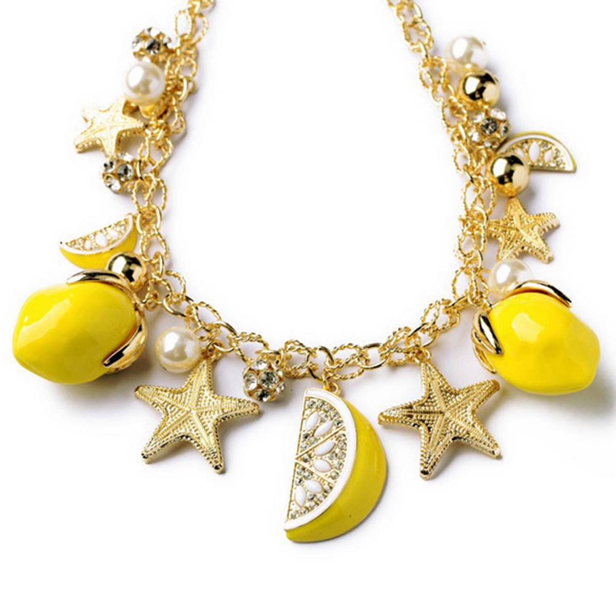 Summer Beach Women Faux Pearl Starfish Lemon Charm Bracelet Bangle
