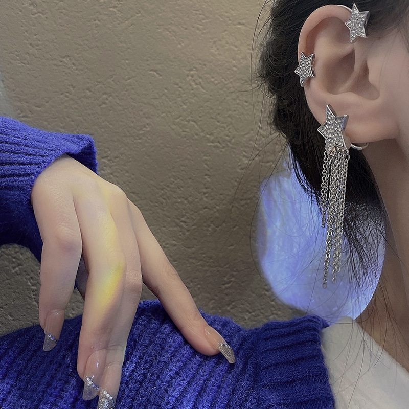 Korean high-end tassels, no ear piercings, ear hangings, women's ins, tide full of diamonds, star earrings, Internet celebrities, super flash earrings. 