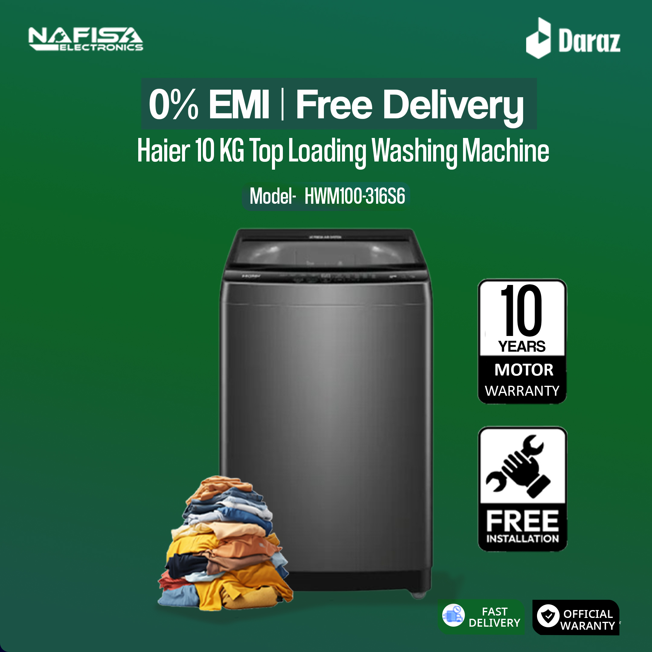 Haier 10 KG Top Loading Washing Machine/air dry/fresh air system/near zero water pressure/NZP (HWM100-316S6)