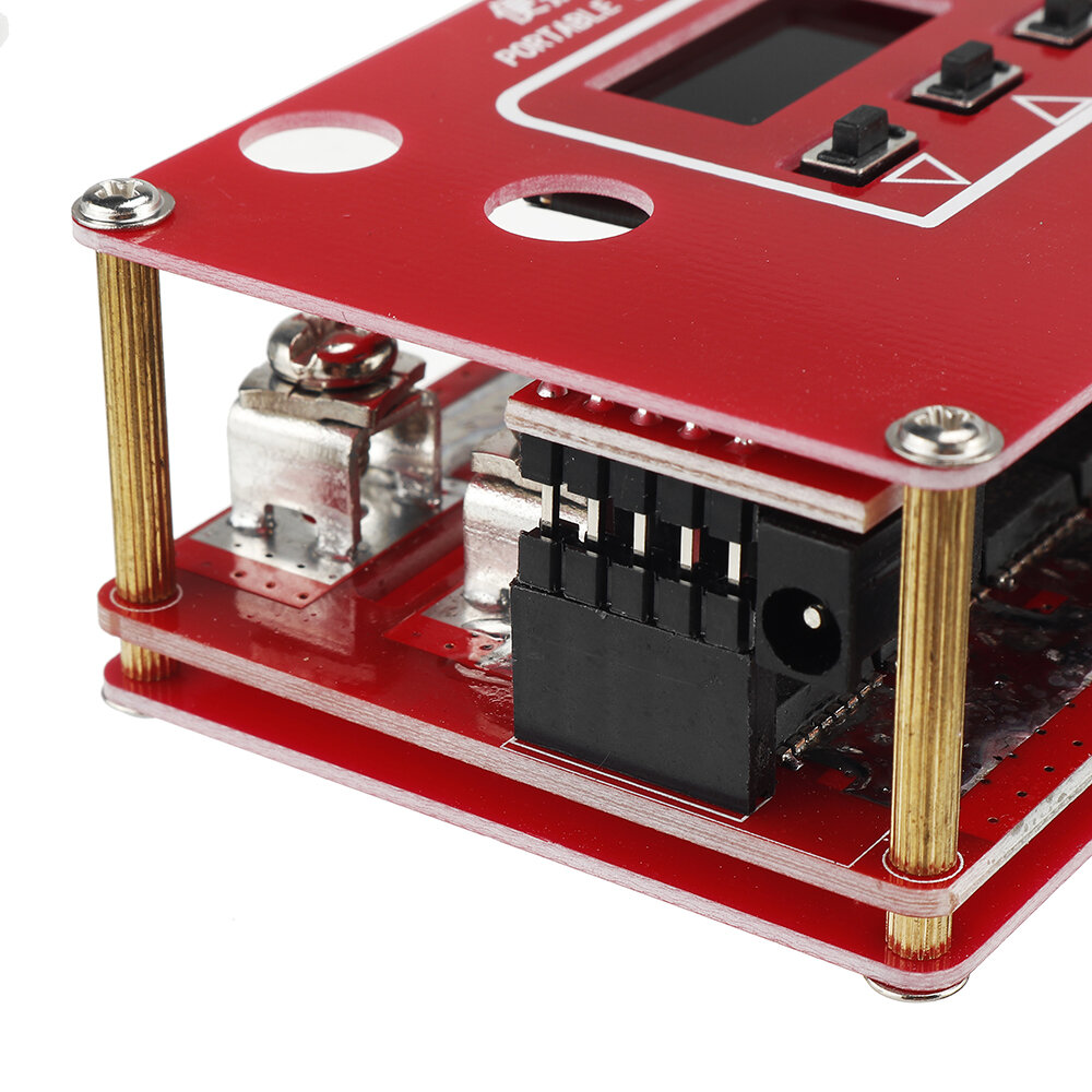 Portable DIY micro spot welding machine with LCD display for automatic welding of 12V automotive batteries. 