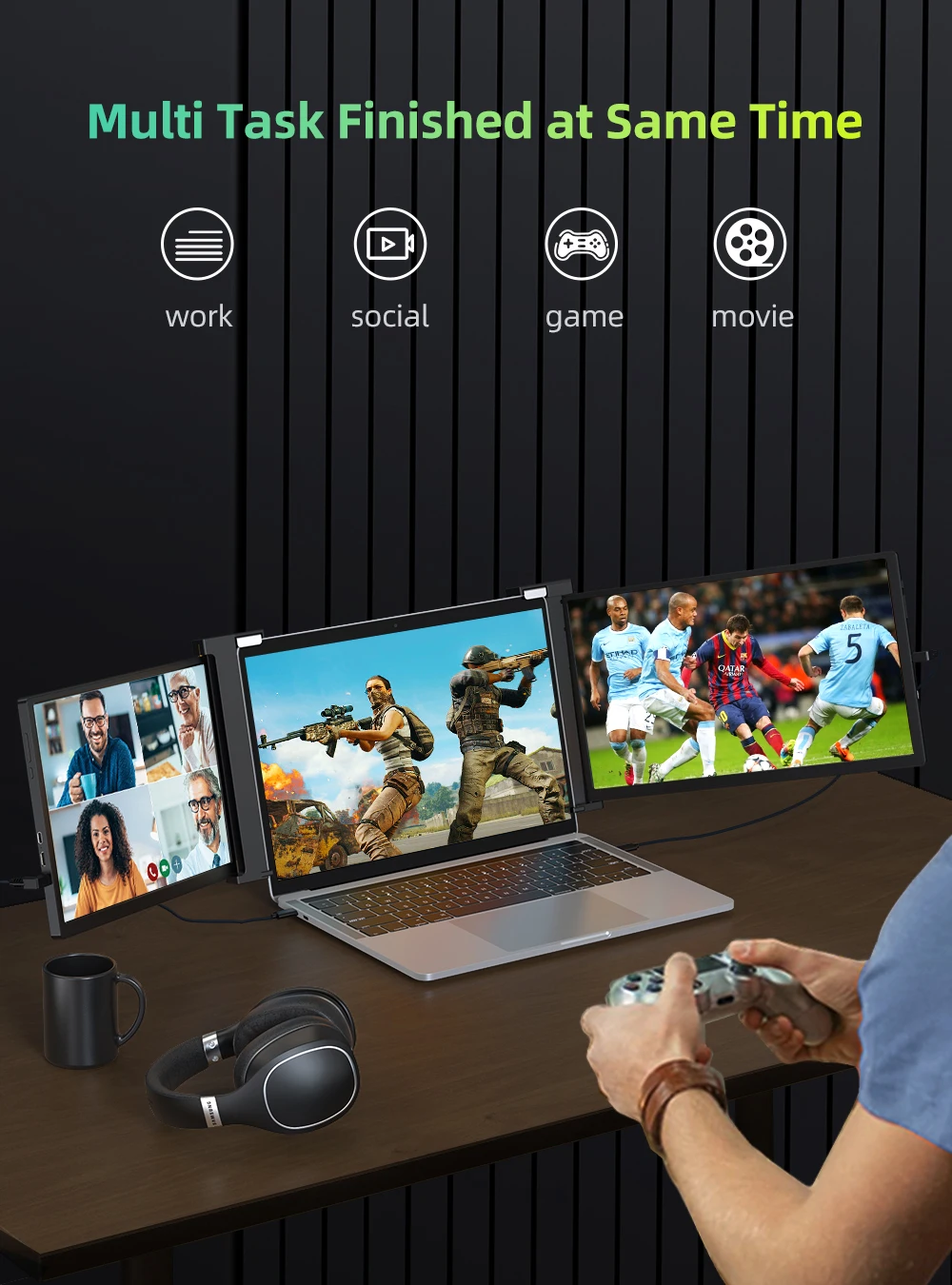 Cdisplay 2K 14 inch Three Screen Display Portable Monitor 2240*140016:10 USB-C HDMI Screen Extender for 13-17 Laptop PC. 