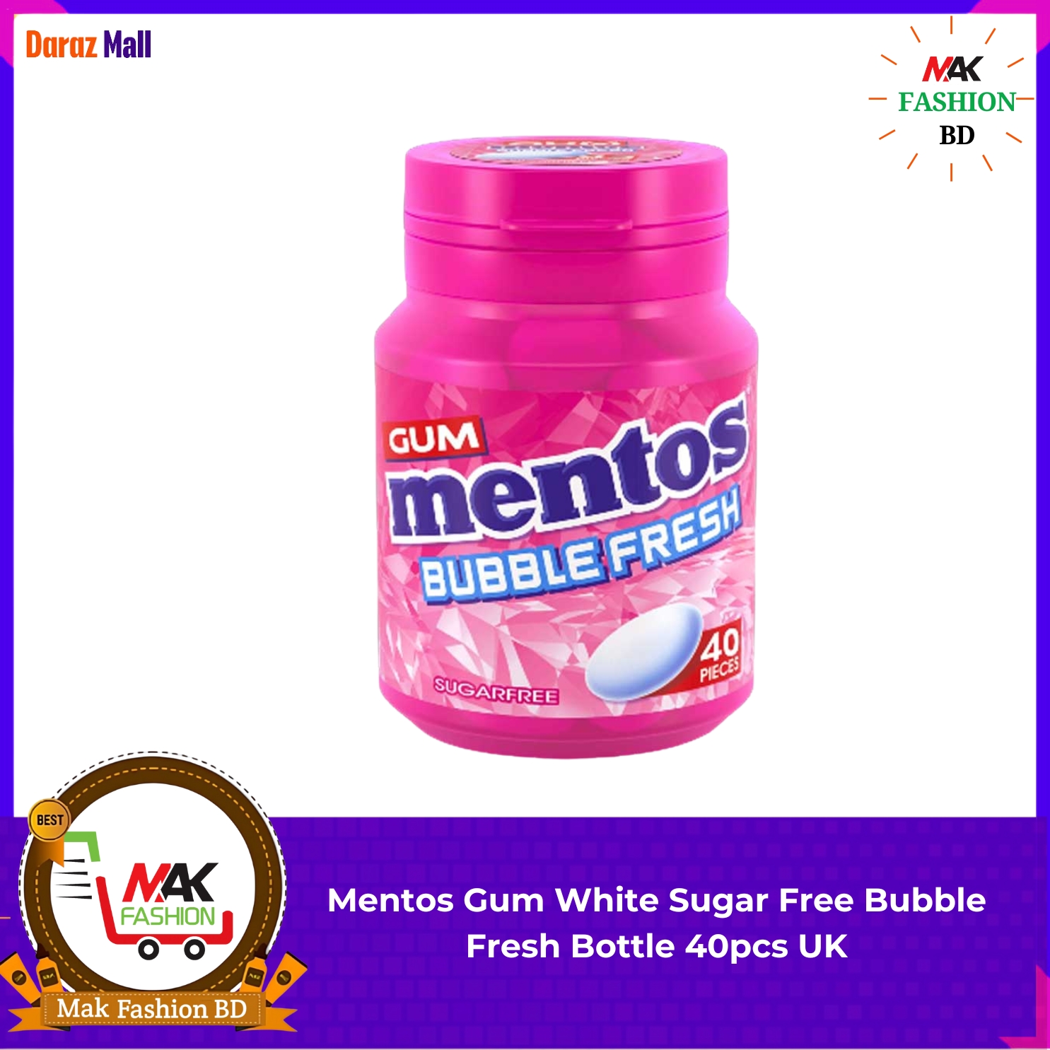 Mentos Gum White Sugar Free Bubble Fresh Bottle 40pcs UK. 