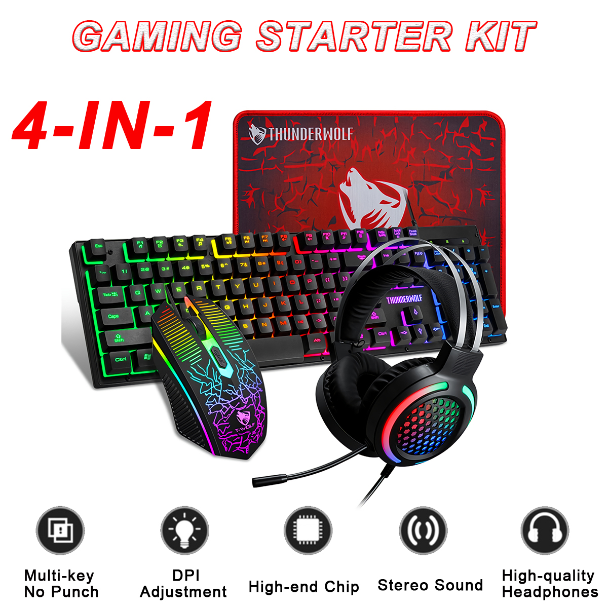 T-Wolf TF400 4Pcs Gaming Devices Set 104 Keys LED Backlit Gaming Keyboard 2400 DPI Mouse 50mm 3.5mm Wired Headset Anti-slip Mouse Pad Combo MA