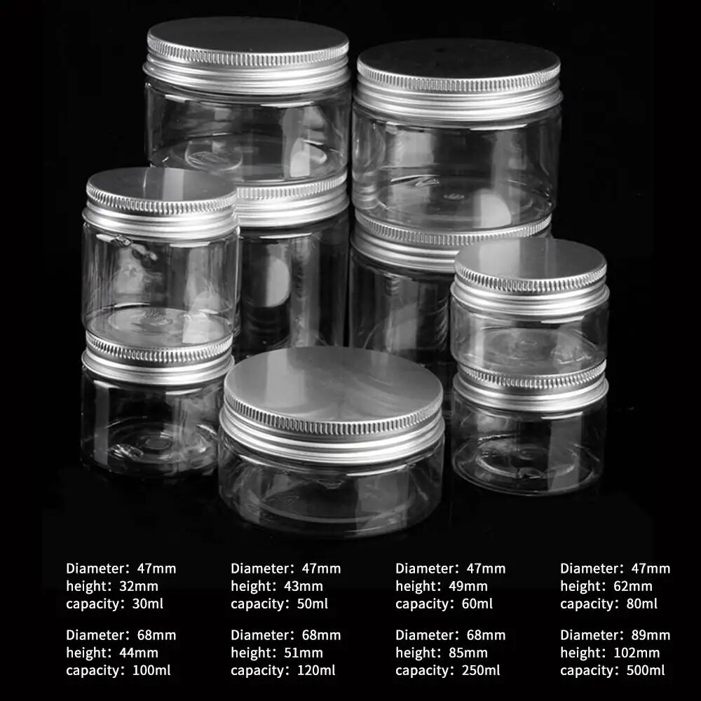 Clear Plastic Jar with Aluminum Lids Empty Cosmetic Containers Makeup Box Travel Bottle 30ml 50ml 60ml 80ml 100ml 120ml 250ml. 