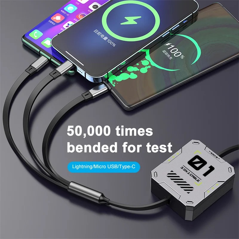 Fast Charging 3 In 1 100W Retractable Micro Usb Cable Mobile Phone Cable Super Fast Charging Type-c Data Cable. 