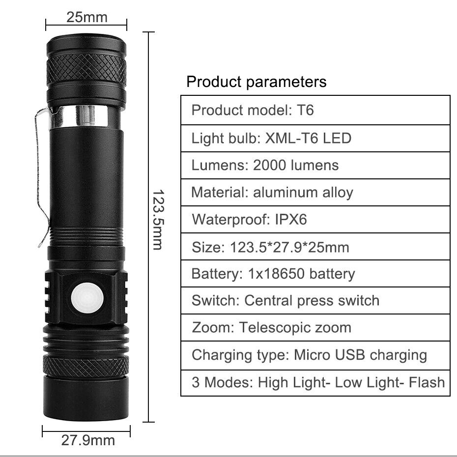 Torch Light for Long Shot Zoomable Powerful USB Rechargeable Waterproof LED Flashlight Torch T6 LED Hand Lamp 18650 Battery. 