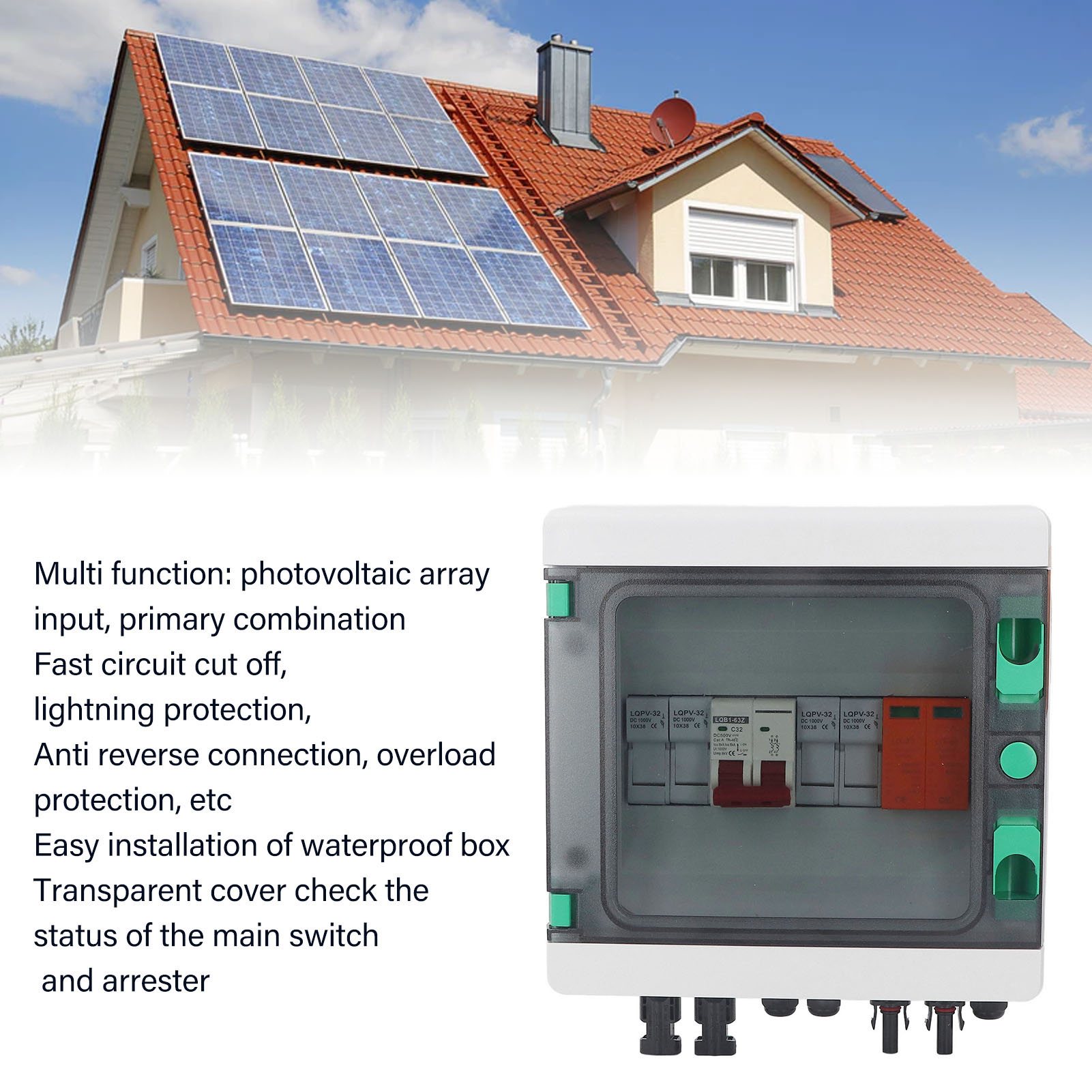Photovoltaic Combiner Box, DC500V Waterproof 2 String Solar Combiner Box Short Circuit Protection Easy Installation with 15A Fuse for RV. 