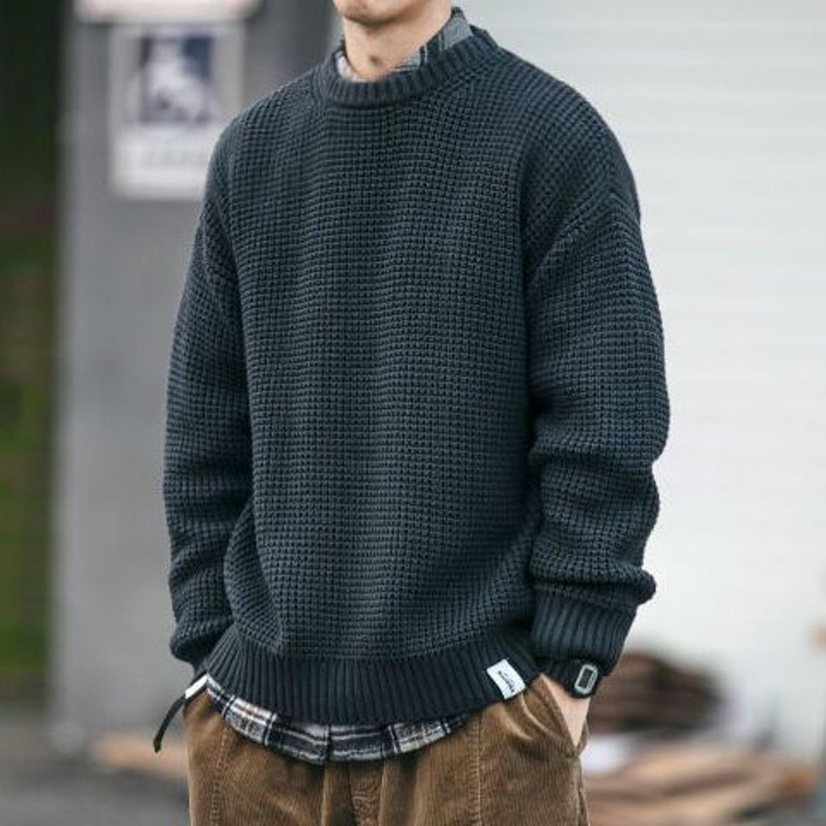 Japanese Plus Size Retro Style Three-Dimensional Fishbone Pattern Cotton Thick Thread Knitted Autumn And Winter Round Neck Stretch Sweater Sweater