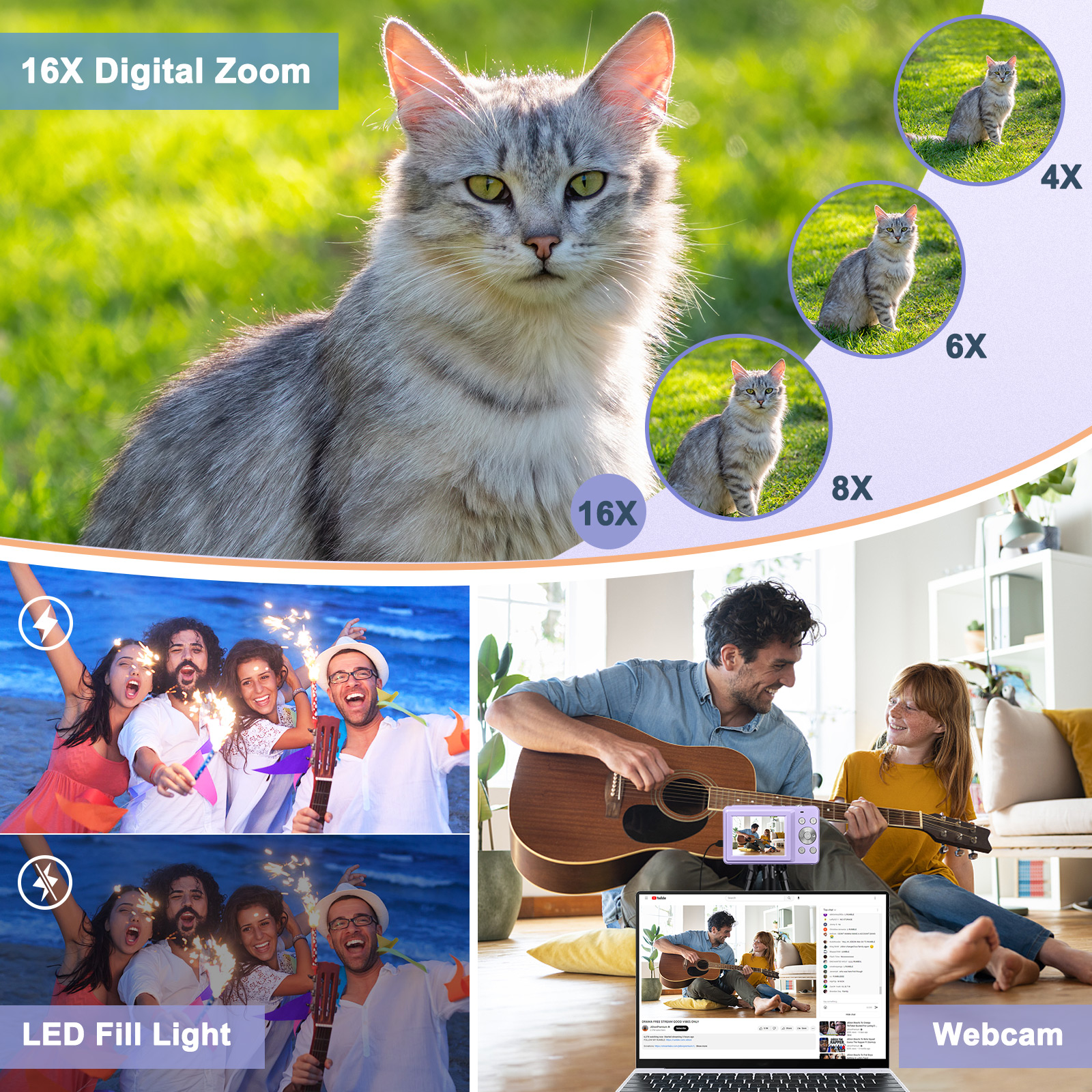 Digital Camera FHD 1080P Teens Camera with 32GB Card, Battery, Lanyard, 16X Zoom Anti Shake, 44MP Compact Portable Small Cam. 
