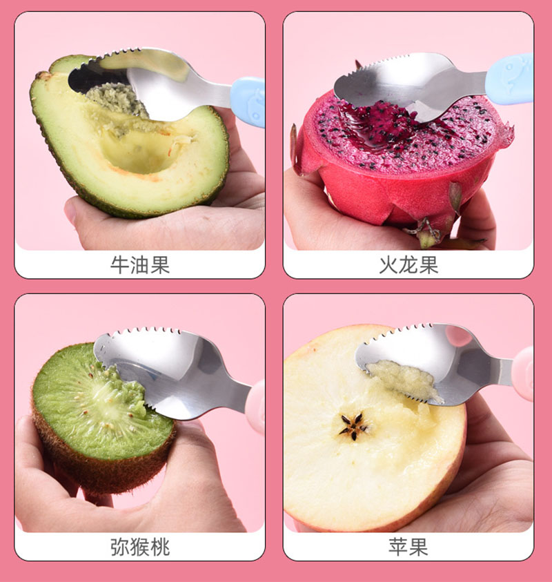 2 In 1 Children's Baby Feeding Spoon Baby Scraper Apple Puree Spoon Set Complementary Food Scraper Double-headed Stainless Steel Fruit Puree Tool. 