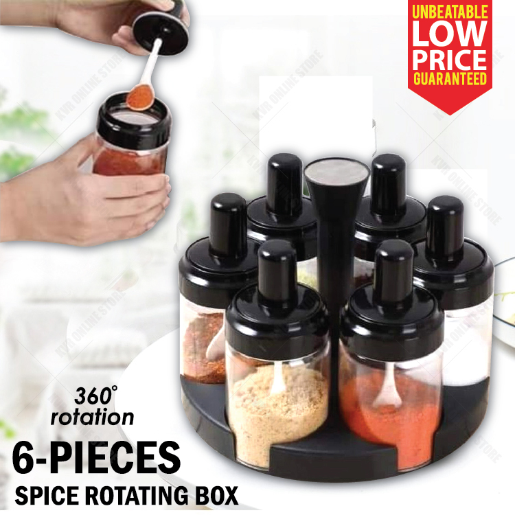 6-Pieces Spices Seasoning Bottles Jars with Spoon Rotation Base. 