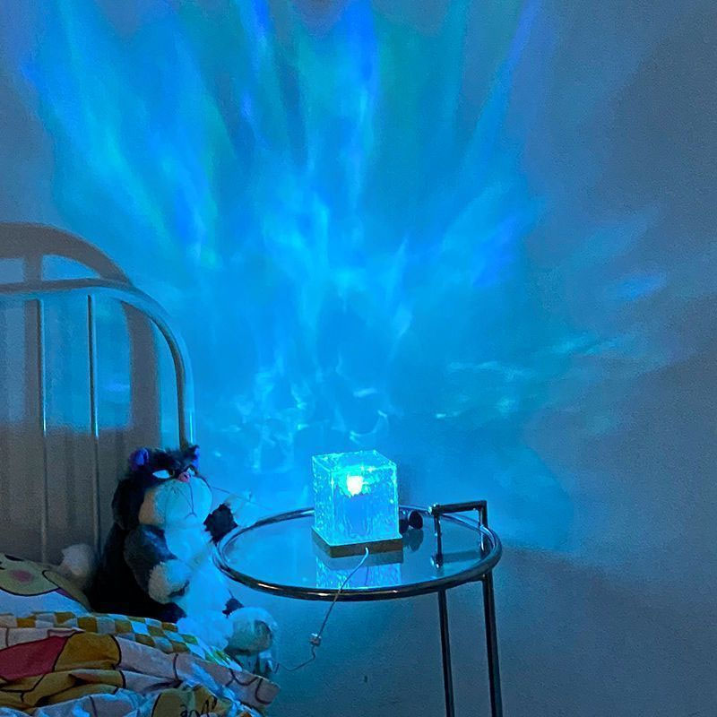 Dynamic Rotating Water Ripple Projector Night Light Water Ripple Cube Colorful Night Light Flame Crystal Lamp LED Table Lamp. 