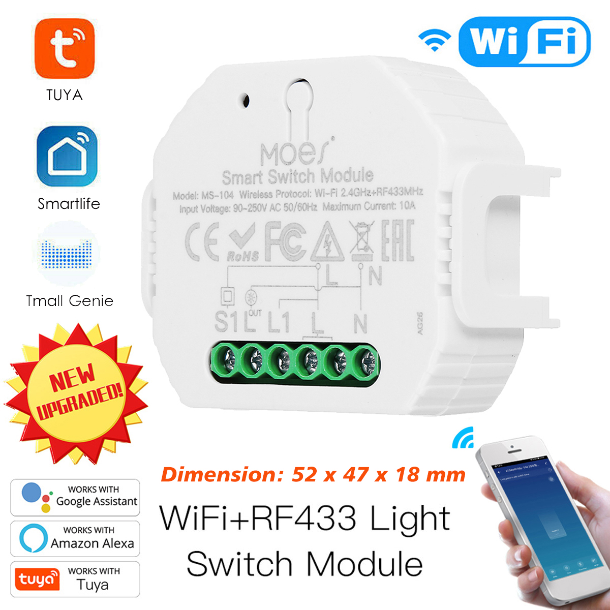 MS-104 AC90-250V 1CH 2.4G Wifi + RF433 10 Amp Smart Automatic Switch Module