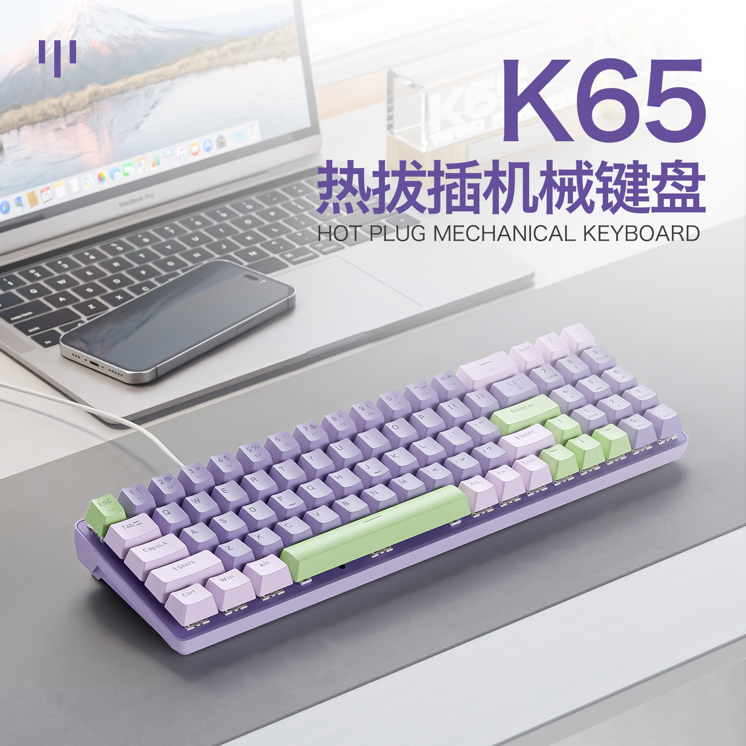 Freewolf K65 mechanical keyboard customized gaming wired hot-swappable gaming keyboard two-color translucent keyboard. 