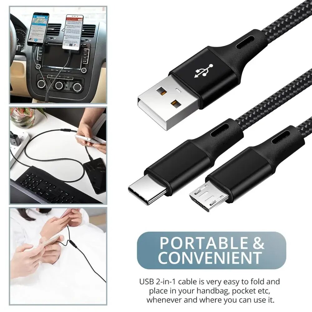 2 In 1 Micro USB Cable Type C Cables Fast Charge Charger Cable Tablet Phone Charge Cord 2in1 Nylon Braided Mobile Android Wires. 