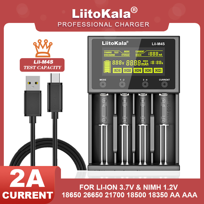 LiitoKala Lii-M4S LCD 18650 Charger 3.7V 18500 21700 26650 1.2V AA AAA NiMH Lithium-ion Battery Charger，USB Output，Touch Buttons
