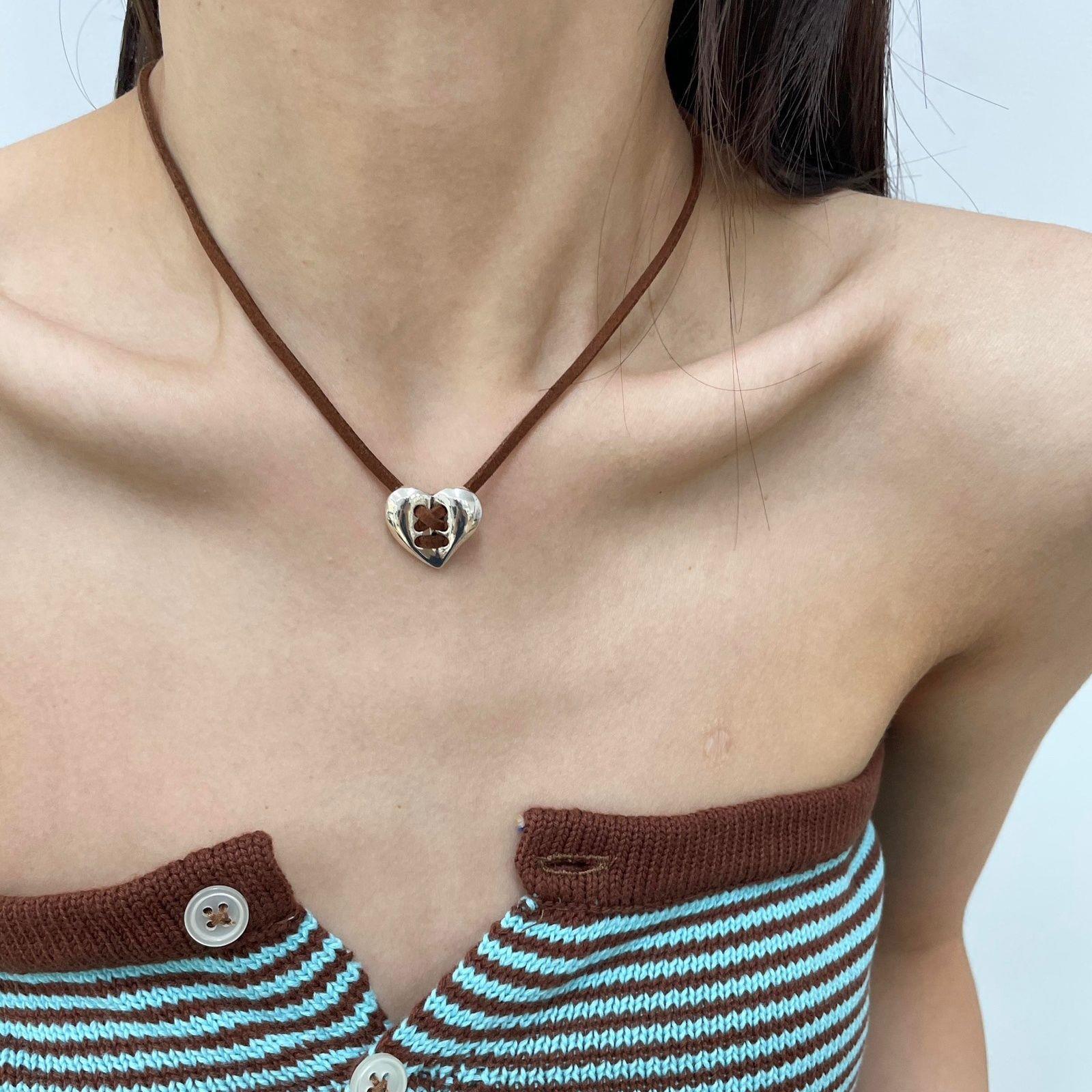 Retro niche design silver love suede necklace bohemian literary versatile bestie couple necklace