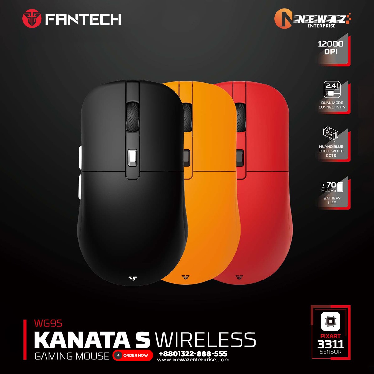 FANTECH WG9S KANATAS Wireless Gaming Mouse PIXART 3311 12000DPI Improved Ultra-Grippy Coating Mouse Macro Button Mice. 