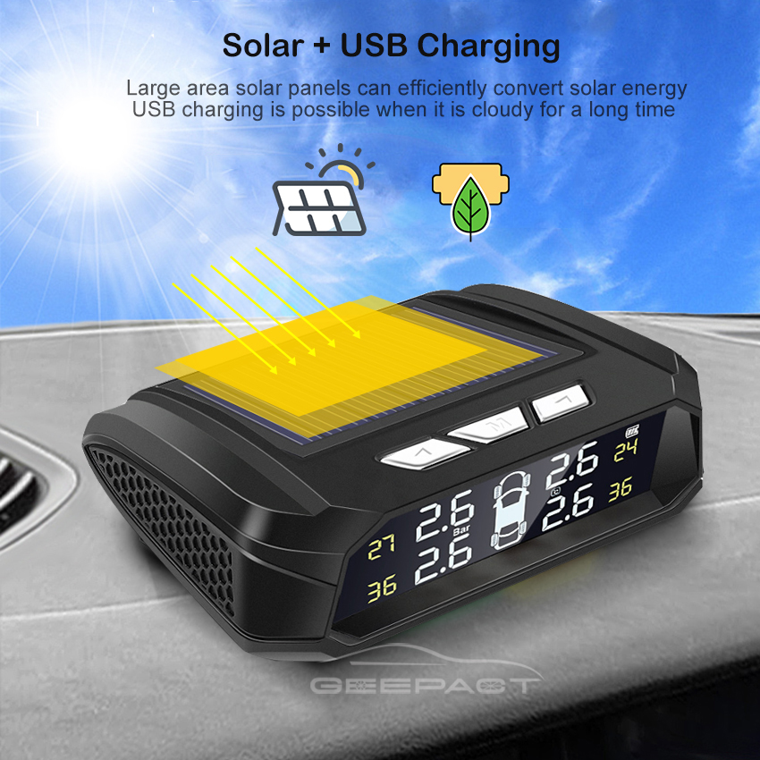 Geepact Car Tire Pressure Monitoring System Smart Car TPMS Tyre Pressure Alarm Monitoring System Solar Power Panel USB Charging TPMS Universal 4 External Sensors LCD Display. 