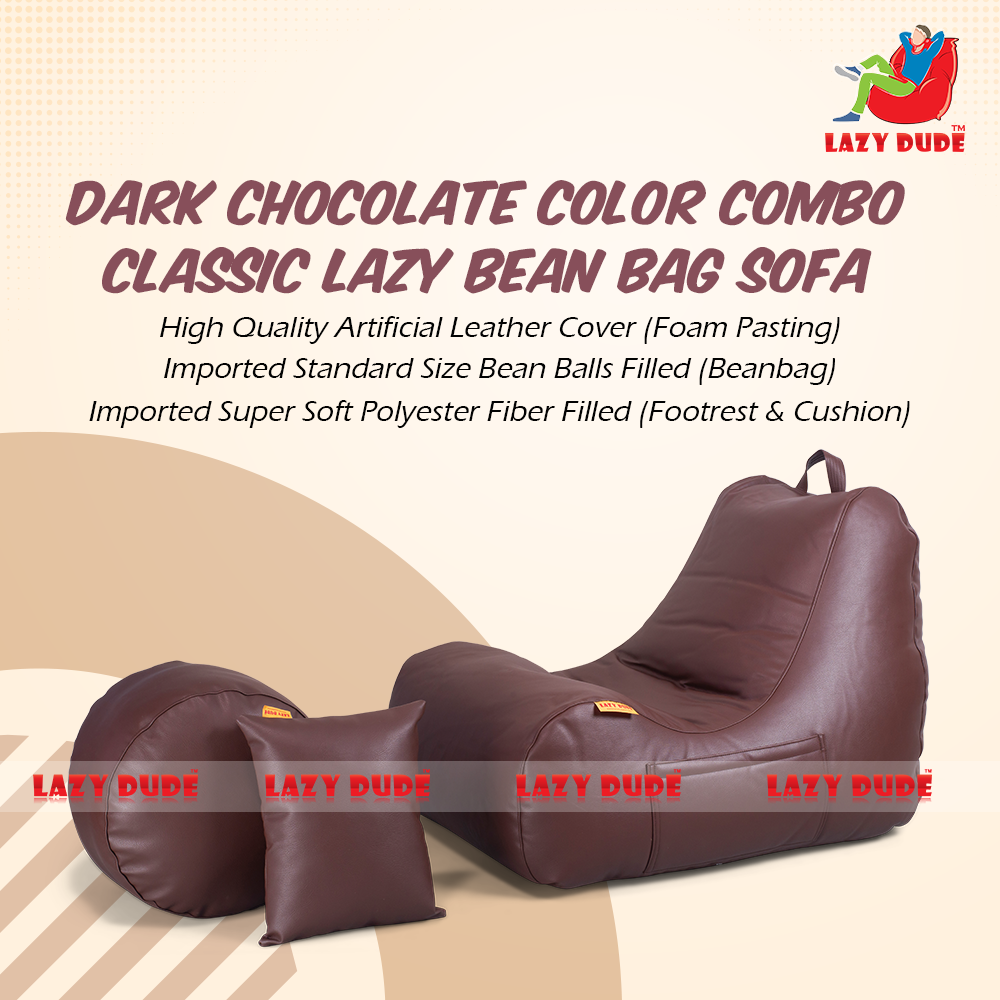 LAZY DUDE PREMIUM QUALITY COMBO Set Armless Lazy Bean Bag Sofa XXL Size Lazy Sofa, Footrest, Cushion - Dark Chocolate. 
