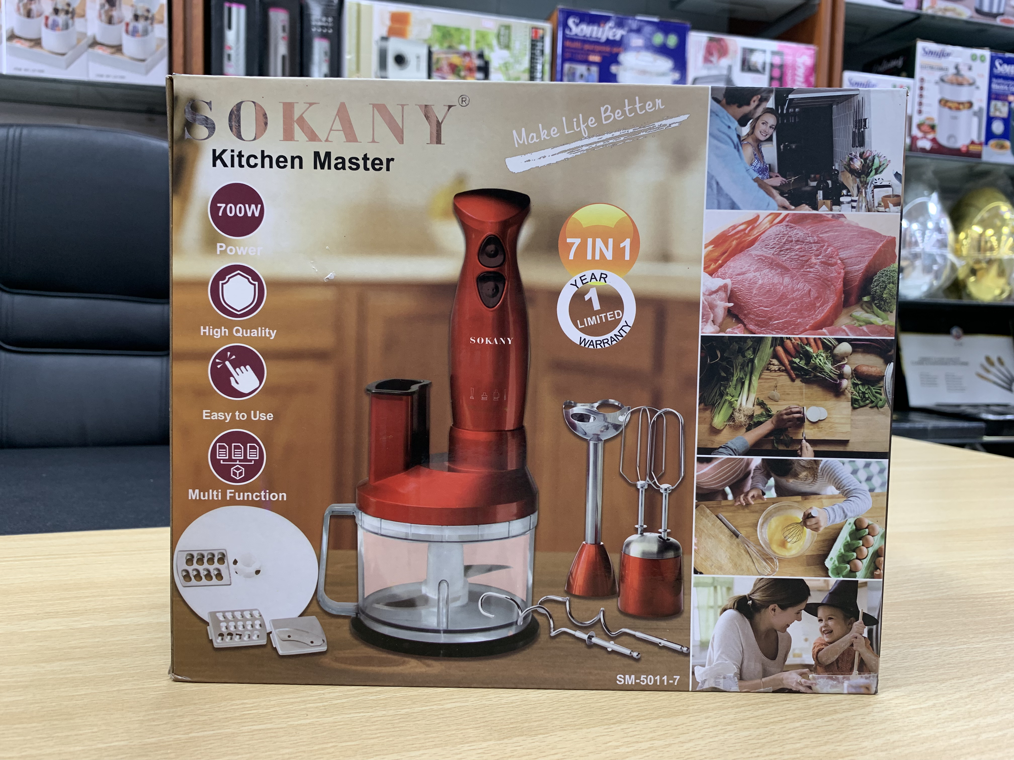 SOKANY  Kitchen Master  Make Life Betten  700W  Power  High Quality  Easy to Use  Multi Function  7 IN 1 SM-5011-7 |  Salad Maker | Juicer | Meat Grinder |  Coffee Mixer |  Egg Beater | Bean Paste |  Kima | Ice Crushing |  Mashing