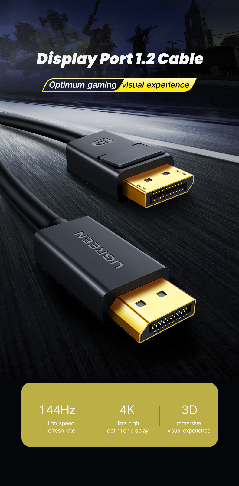 UGREEN 10245 DP Male to  Male Cable 1.5m (Black) #DP102 - 4K DisplayPort Cable - DisplayPort 1.2 -  Support 4K@60Hz; 2K@144Hz - Suitable for Laptops and PC - 3D, Extend & Mirror mode supported. 