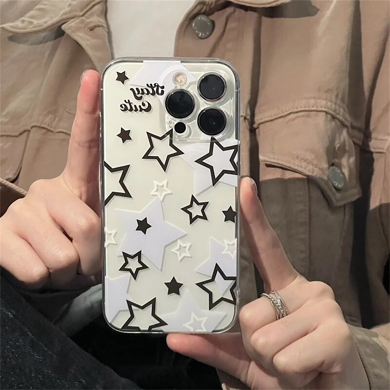 Korean Cute Y2k Star Transparent Phone Case For iPhone 14 13 12 11 Pro Max X XR 7 8 Plus SE 3 Lovely Shockproof Soft Cover Funda. 
