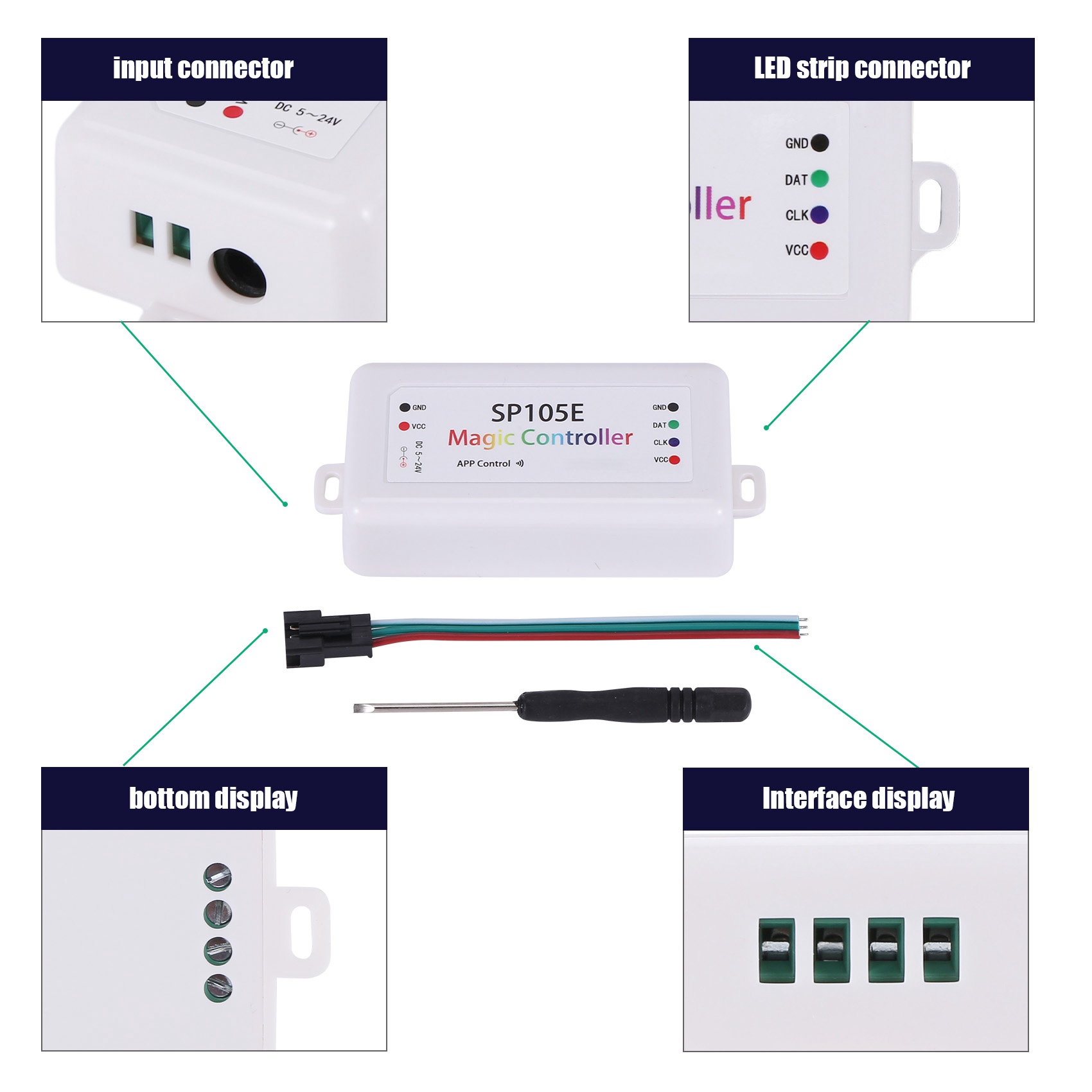 SP105E Wireless Bluetooth Controller APP WS2811 WS2812B WS2801 SK6812 APA102 Individually Addressable Programmable LED Strip Pixel Module Panel Light DC5V-24V for IOS/Android. 