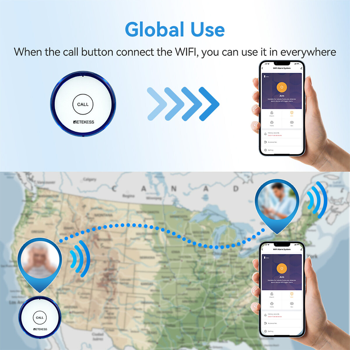 Retekess TH012 Wireless WiFi Call Button Smart SOS Button for Caregiver Pager 20m for Elderly Patients by Connecting Mobile APP or Retekess WiFi Receiver. 
