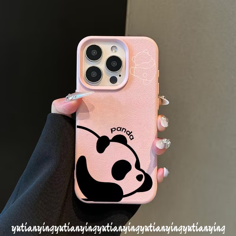 Cartoon Doodle Candy Color Simple Cute Lazy Panda Couples Case Compatible for IPhone 15 13 11 16 12 14 Pro Max 16 15 14 Plus XR X XS Max Luxury Leather Texture Skin Feel Soft Cover. 