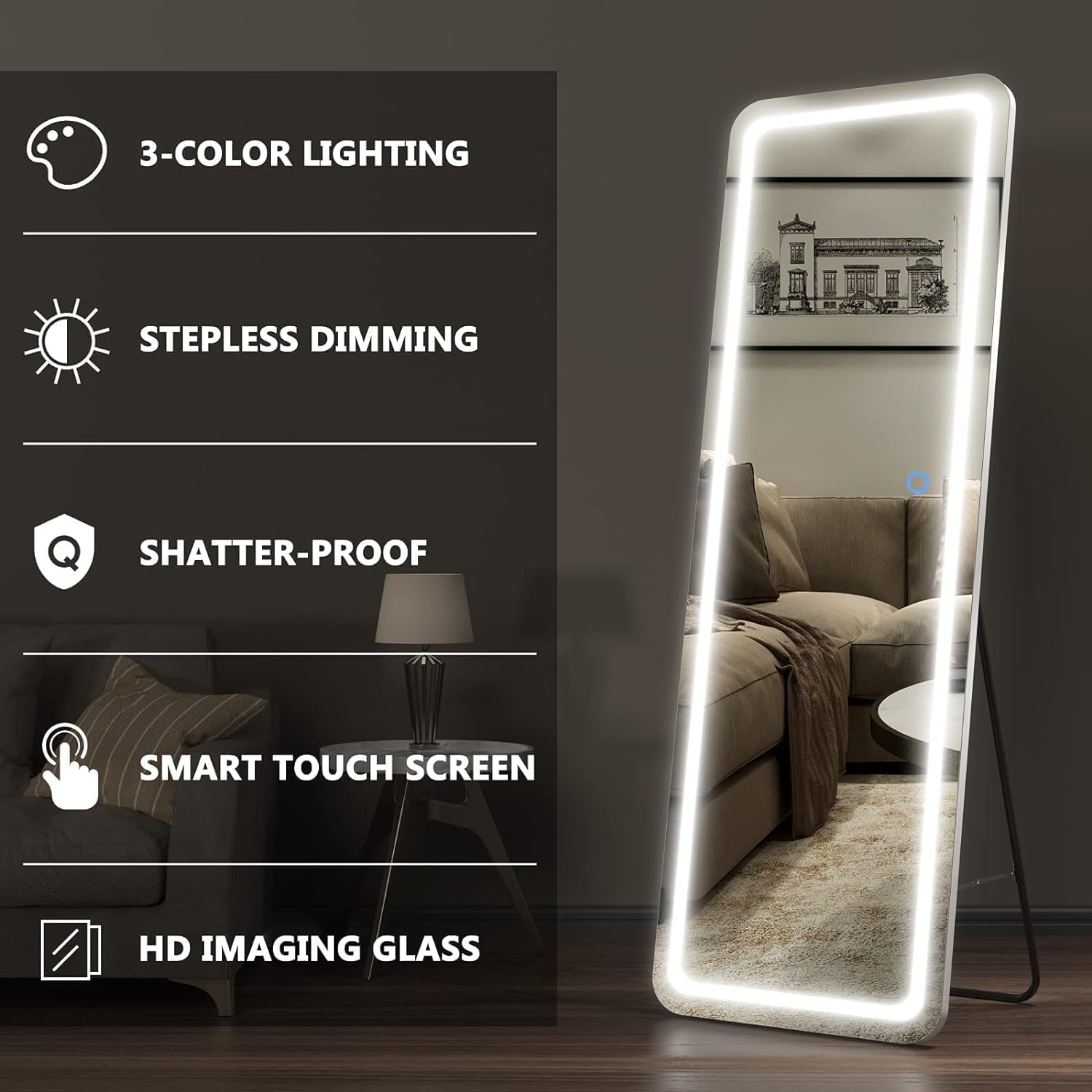 60 x 20 Full Length Mirror with Lights and Stand Wall Mounted and Floor Mirror LED Lighted Full Body Dressing Mirror. 
