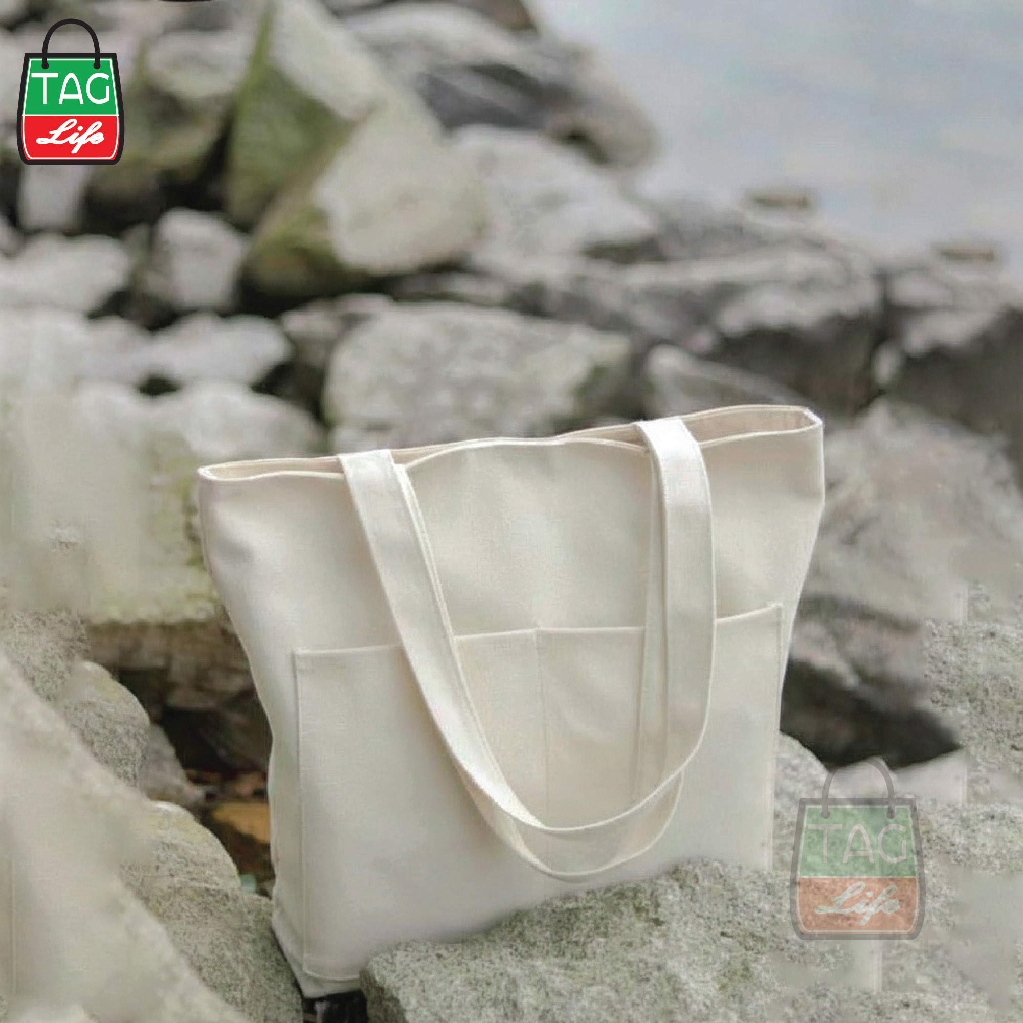 Canvas Tote Bag with Zipper and Outside Big Pockets Off White Color for Trendy fashionable Girls/Stylish Canvas Tote Bag for Women