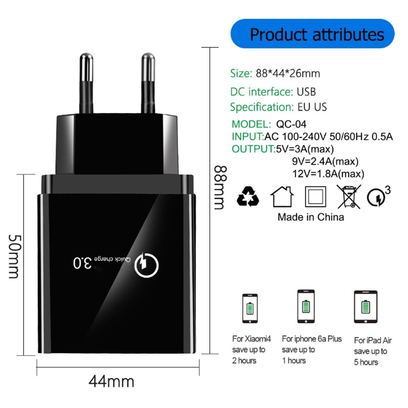 Quick Charge 4.0 4 Port EU US Fast Charger For Samsung S24 S23 S22 Ultra S21 S20 FE S10 S9 S8 Plus Fast Charging Wall Charger. 