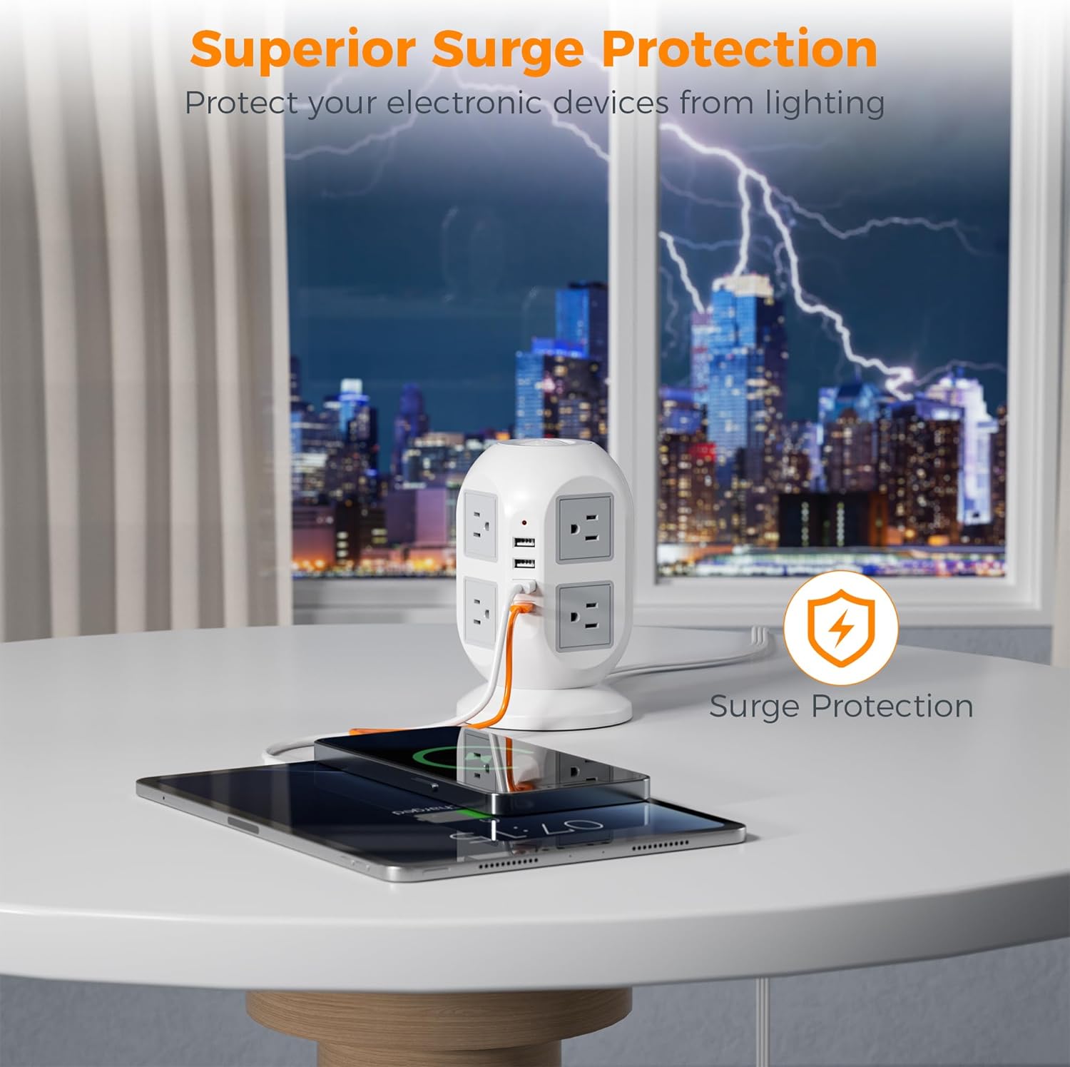 TESSAN Tower Surge Protector Power Strip with 8 Outlets 3 USB Ports 1 Type C 10ft Ultra Thin Flat Extension Cord for Home Office. 