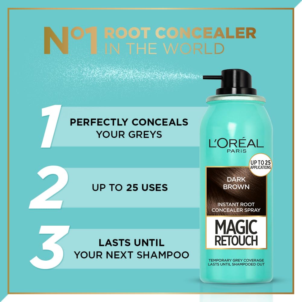 L'Oreal Paris Instant Root Concealer Spray, Ideal for Touching Up Grey Root Regrowth, Magic Retouch, 2 Dark Brown, 75ml. 