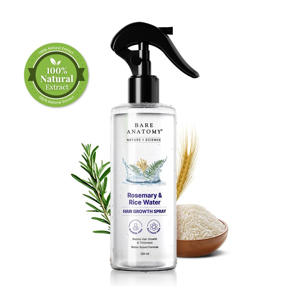 Bare Anatomy Nature x Science Rosemary Water Spray for Hair Growth & Hair Thickness with Rice Water |100% Natural Extract | Soft & Smooth Hair | Controls Hairfall & Adds Shine | Non-Greasy & Fast Absorbing | 200 ml. 