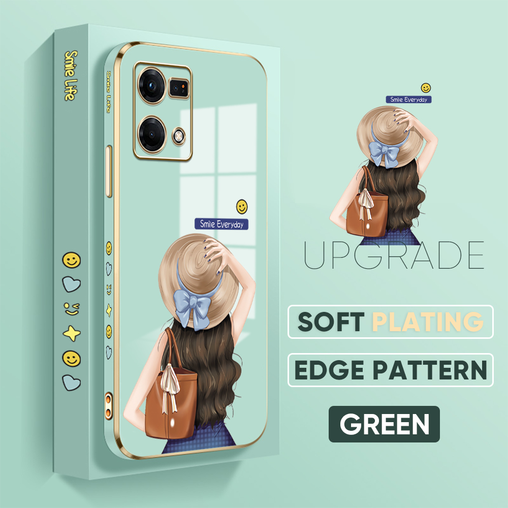 Jizetin (Free Lanyard) for OPPO F21 Pro / Reno7 4G Back Cover Girl In Hat Luxury 6D Plating Case Side Pattern Soft Silicone Square Mobile Phone Cases