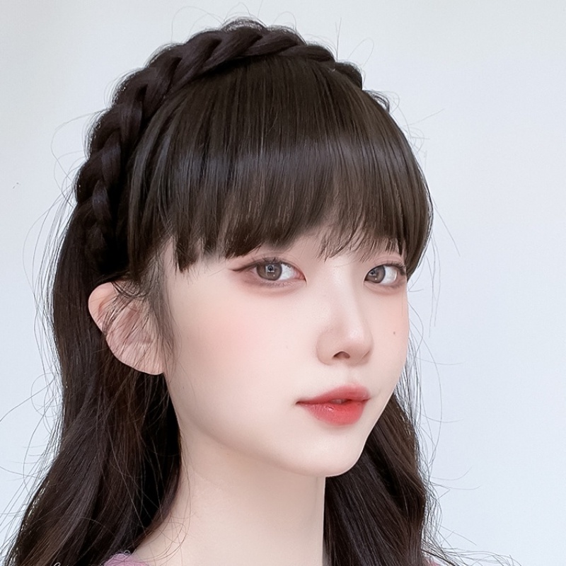 Synthetic Fake Bangs Hair Neat Fringe Bands with Double Row Braids Headband Heat Resistant Bangs In Hair Extensions Hairpieces. 