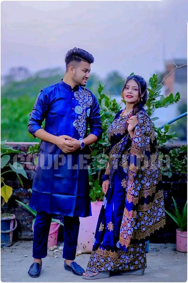 New Stylish & Exclusive Saree Panjabi Combo Couple Set - This meticulously curated ensemble presents matching dresses for both men and women. 