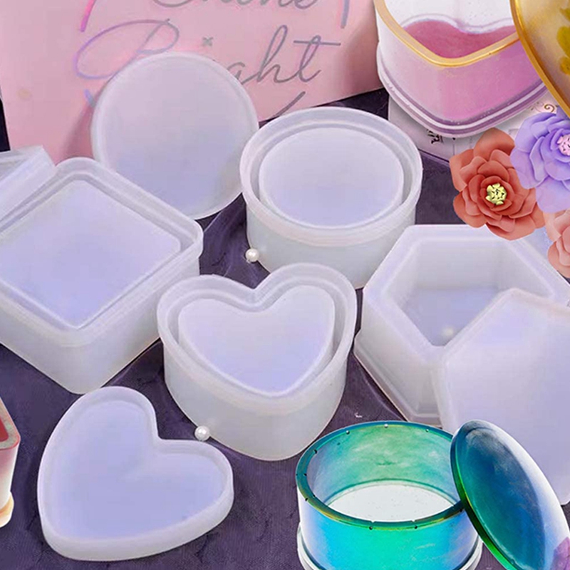 4 Pack Box Resin Jewelry Box Heart Shape /Hexagon/Round and Square Epoxy Containers with Lid. 