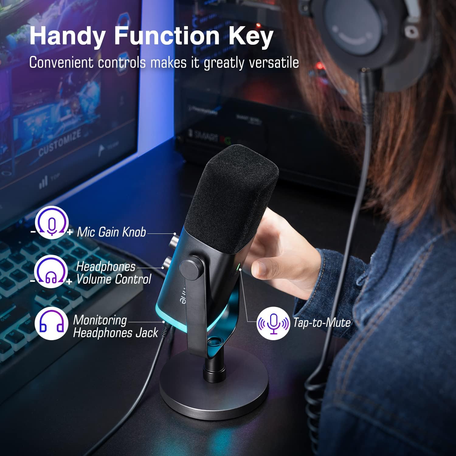 FIFINE AM8 Dynamic Microphone with RGB Control Headphone Jack Mute, MIC for PC Gaming Recording Streaming Easy to Use. 