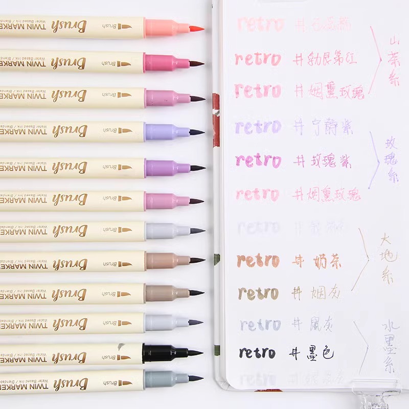 Panda Online 3PCS/20PCS Double Head Tips Brush Twin Marker Pen Soft Tip Water Based Ink Blendable Vintage Color DIY Diary Journal INS Pens. 